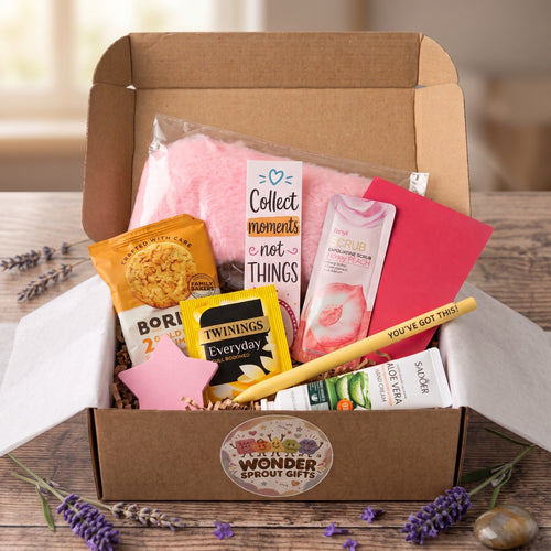 Medium Pamper Box Gift Set contents displayed in a branded Wonder Sprout Gifts box
