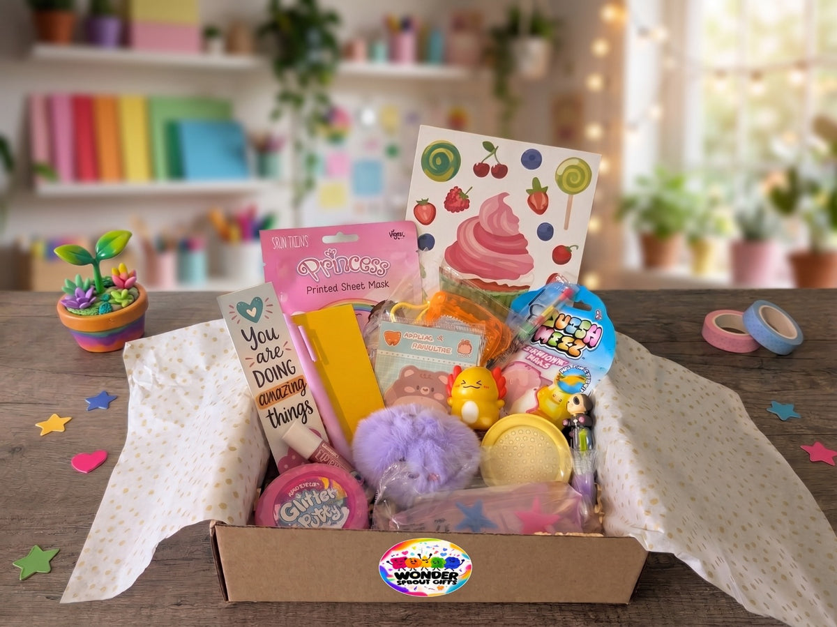 Girls Medium Fun and Fidget Pack contents displayed in a branded Wonder Sprout Gifts box