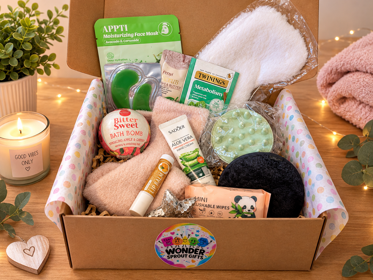 Large Pamper Pack Gift Box contents displayed in a branded Wonder Sprout Gifts box